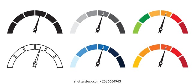 Speedometer icon. Speedometer vector. Tachometer icon. Speedometer indicator icon collection. Speed indicator vector icons. Speedometers icons set. Speed indicator sign. Performance concept.