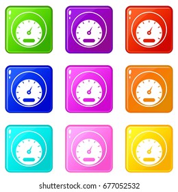 Speedometer icons of 9 color set isolated vector illustration