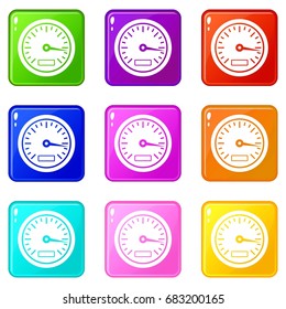 Speedometer icons of 9 color set isolated vector illustration