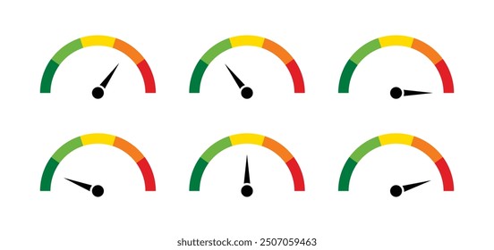 Tachosymbole mit Pfeil. Armaturenbrett mit grünen, gelben und roten Anzeigen. Tachometer. Niedrig, mittel, hoch und risikoreich. Vektorgrafik