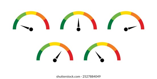 Speedometer icons with arrow. Dashboard with green, yellow and red indicators. tachometer. Low, medium, high and risk levels. Vector illustration