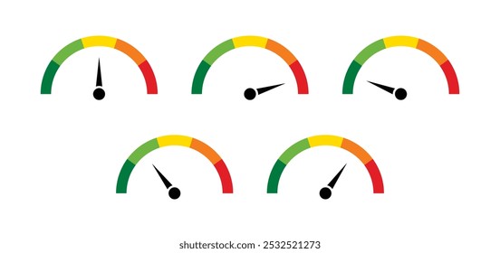 Speedometer icons with arrow. Dashboard with green, yellow and red indicators. tachometer. Low, medium, high and risk levels. Vector illustration