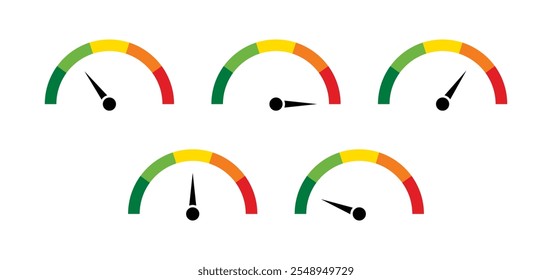 Speedometer icons with arrow. Dashboard with green, yellow and red indicators. tachometer. Low, medium, high and risk levels. Vector illustration