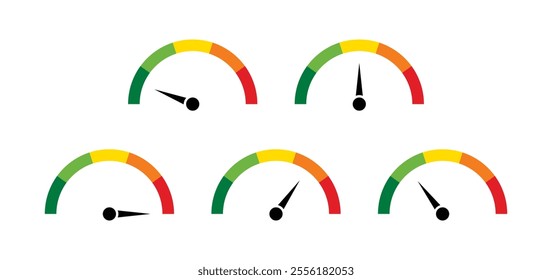 Speedometer icons with arrow. Dashboard with green, yellow and red indicators. tachometer. Low, medium, high and risk levels. Vector illustration