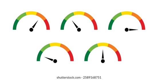 Speedometer icons with arrow. Dashboard with green, yellow and red indicators. tachometer. Low, medium, high and risk levels. Vector illustration