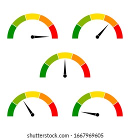 Speedometer icons with arrows. Dashboard with green, yellow, red indicators. Gauge elements of tachometer. Low, medium, high and risk levels. Scale score of speed, performance and rating power. Vector