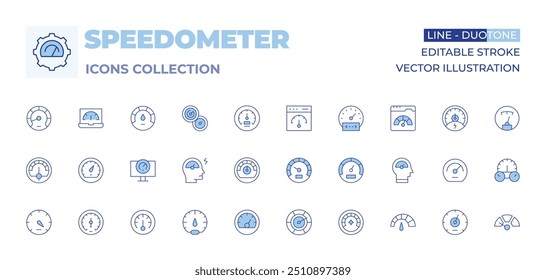 Speedometer icons collection. Line Duotone style, editable stroke. speed, dashboard, meter, speedometer, speedometers, barometer, meters, web, slow, metrics, coding, quick thinker.