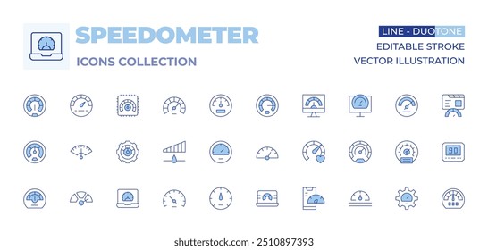 Coleção de ícones do velocímetro. Linha Duotone estilo, curso editável. velocidade, velocímetro, móvel, bem-estar físico, rápido, processamento, painel, risco, milômetro, produtividade.