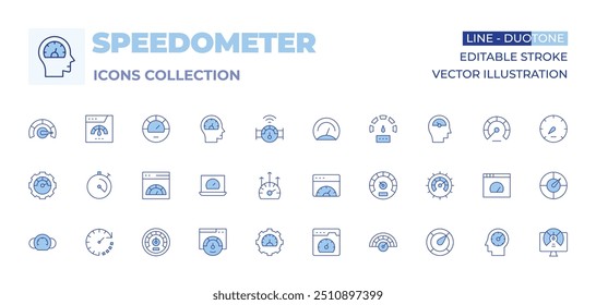 Sammlung von Geschwindigkeitsmessern. Linienduotonstil, bearbeitbarer Strich. Produktivität, Tacho, Verwaltung, Internet, Geschwindigkeit, Meter, Leistung, Leistung, Leistung, Browser, Effizienz.