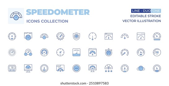 Colección de iconos de velocímetro. Línea estilo Duotone, carrera editable. velocímetro, advertencia, dificultad, eficiencia, rendimiento, velocidad, combustible, prueba de velocidad, salpicadero, clasificación, sitio.