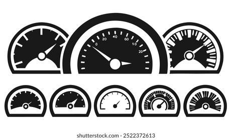 Speedometer icons collection. speedometer, measuring, meter, pressure, speed, optimization, dashboard, performance, efficiency, management.