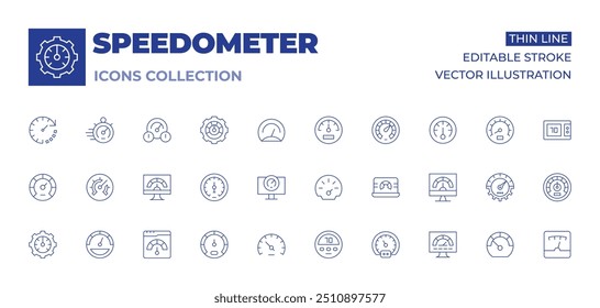 Speedometer icons collection. Thin Line icons, editable stroke. speedometer, dashboard, speed, meter, efficiency, risk, meters.