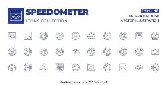 Coleção de ícones do velocímetro. Ícones de linha fina, curso editável. velocímetro, gás, lento, rápido, aumentar, odômetro, velocidade, site, dificuldade, barômetro, speedtest, codificação.