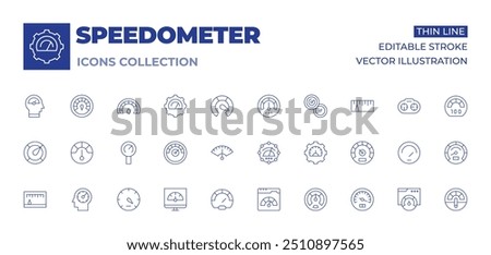 Speedometer icons collection. Thin Line icons, editable stroke. speedometer, quick thinker, speed, speedtest, power, performance, dashboard, web, speed limit, bandwidth.