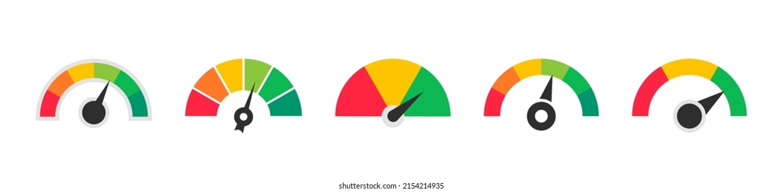 Speedometer icons. Colored scale speedometers. Gauge, dashboard, scale, indicator. Customer satisfaction level meter. Vector illustration.