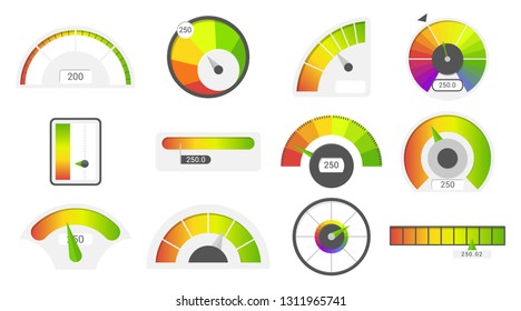 Speedometer icons. Credit score indicators. Speedometer goods gauge rating meter. Level indicator, credit loan scoring manometers vector set.