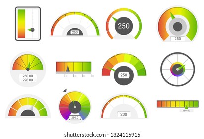 Speedometer icons. Credit score indicators. Speedometer goods gauge rating meter. Level indicator, credit loan scoring manometers vector set.