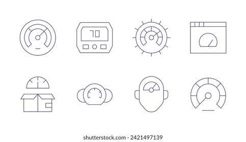 Geschwindigkeitsmesser-Symbole. Bearbeitbarer Strich. Enthält Tachometer, Produktivität, Druck, Browser, Effizienz.