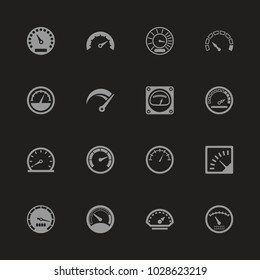 Speedometer icons - Gray symbol on black background. Simple illustration. Flat Vector Icon.