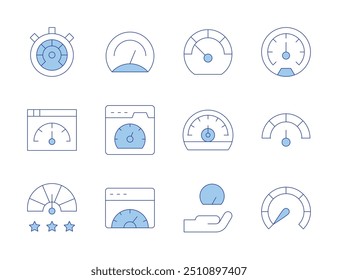 Speedometer icons. Line Duotone style, editable stroke. speedometer, performance, rating, site.