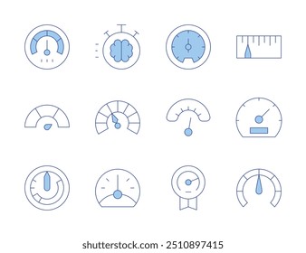 Speedometer icons. Line Duotone style, editable stroke. speedometer, measure, airspeed indicator, performance.