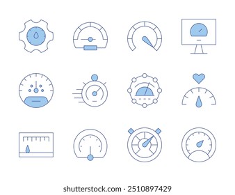 Iconos del velocímetro. Línea estilo Duotone, carrera editable. gas, velocímetro, optimización, rendimiento, medidor, ancho de banda, productividad.