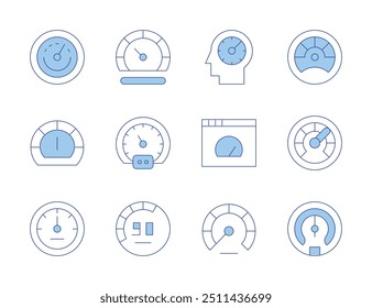 Tachosymbole. Linienduotonstil, bearbeitbarer Strich. Tacho, Geschwindigkeit, Boost, Beschleunigung, Leistung, Leistung, Browser, Effizienz.