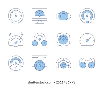 Speedometer icons. Line Duotone style, editable stroke. speedtest, dashboard, speed, boost, car dashboard, performance, speedometer, metering, management.