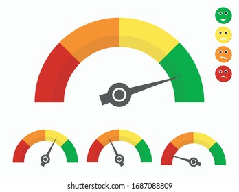 Speedometer icons. Meter or gauge design element. Info graphics from red to green with smiley faces emoticons. Customer rating satisfaction meter. Colorful vector illustration measuring scale. 