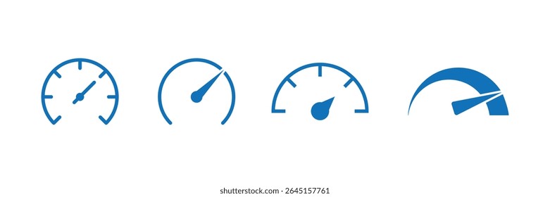 Speedometer icons set. Speedometer Blue icons set. Speed indicators with arrows. Fast speed. Credit score indicator. Risk levels meter icon. Vector Illustration.