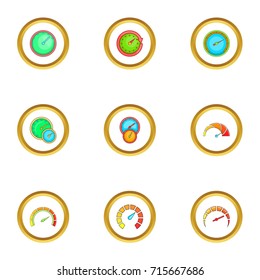Speedometer icons set. Cartoon style set of 9 speedometer vector icons for web design