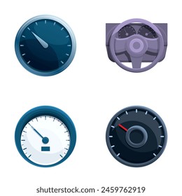 Speedometer icons set cartoon vector. Various style of car speedometer. Speed indicator