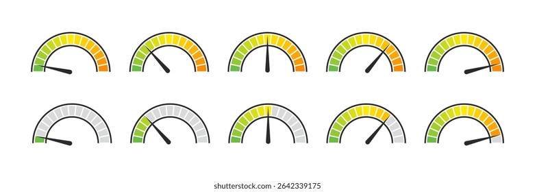 Ícones do velocímetro definidos. Sinal do indicador de desempenho do painel