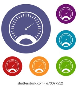 Speedometer icons set in flat circle reb, blue and green color for web