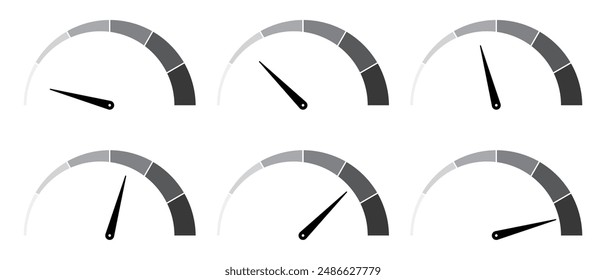 Speedometer icons set. Gauge graphic signs with different values. Isolated symbols on white background. Vector illustration