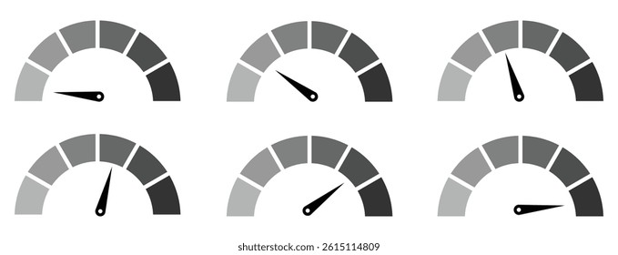 Speedometer icons set. Set of speedometer or gauge indicator symbol set. Test on dashboard in car. Vector illustration.