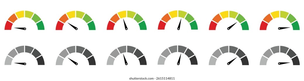 Speedometer icons set. Set of speedometer or gauge indicator symbol set. Test on dashboard in car. Vector illustration.