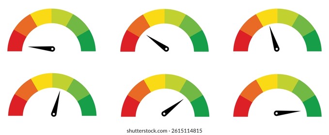 Speedometer icons set. Set of speedometer or gauge indicator symbol set. Test on dashboard in car. Vector illustration.