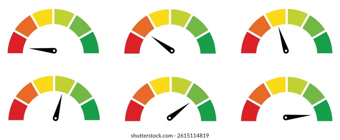 Speedometer icons set. Set of speedometer or gauge indicator symbol set. Test on dashboard in car. Vector illustration.