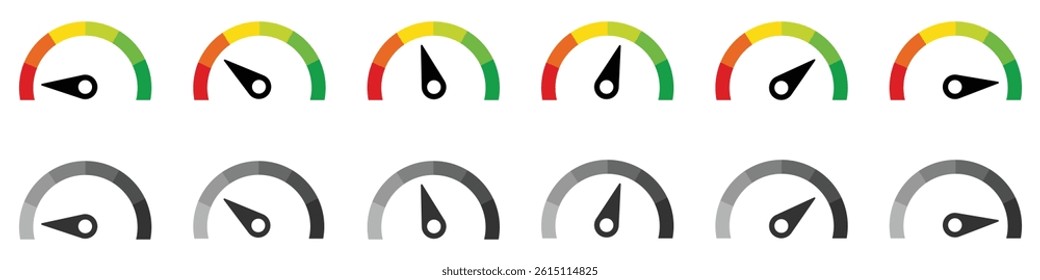 Speedometer icons set. Set of speedometer or gauge indicator symbol set. Test on dashboard in car. Vector illustration.