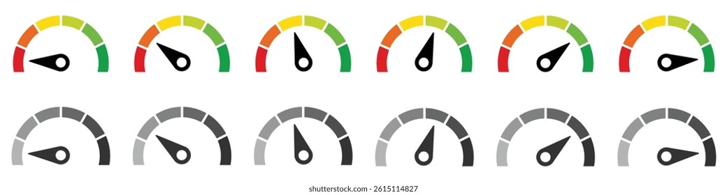 Speedometer icons set. Set of speedometer or gauge indicator symbol set. Test on dashboard in car. Vector illustration.