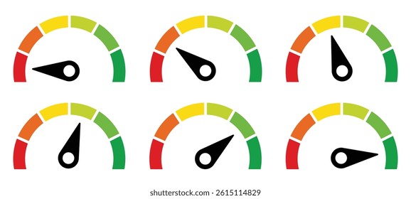 Speedometer icons set. Set of speedometer or gauge indicator symbol set. Test on dashboard in car. Vector illustration.