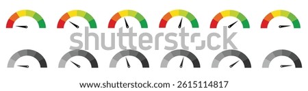 Speedometer icons set. Set of speedometer or gauge indicator symbol set. Test on dashboard in car. Vector illustration.
