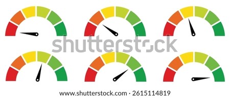 Speedometer icons set. Set of speedometer or gauge indicator symbol set. Test on dashboard in car. Vector illustration.