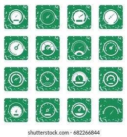 Speedometer icons set in grunge style green isolated vector illustration