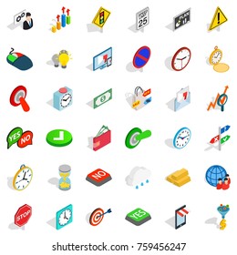 Speedometer icons set. Isometric style of 36 speedometer vector icons for web isolated on white background