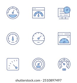 Conjunto de iconos de velocímetro. Línea estilo Duotone, carrera editable. velocímetro, Sitio web, speedtest, medición, rendimiento.