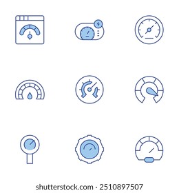 Speedometer icons set. Line Duotone style, editable stroke. speedometer, speed, barometer.