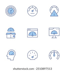 Conjunto de iconos de velocímetro. Línea estilo Duotone, carrera editable. velocímetro, límite de velocidad, prueba de velocidad, optimización.