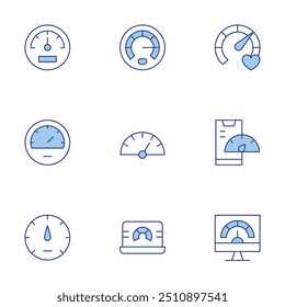 Ícones do velocímetro definidos. Linha Duotone estilo, curso editável. velocidade, móvel, bem-estar físico, velocímetro.
